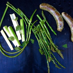 grilled garlic scapes, asparagus, chorizo and bullrush